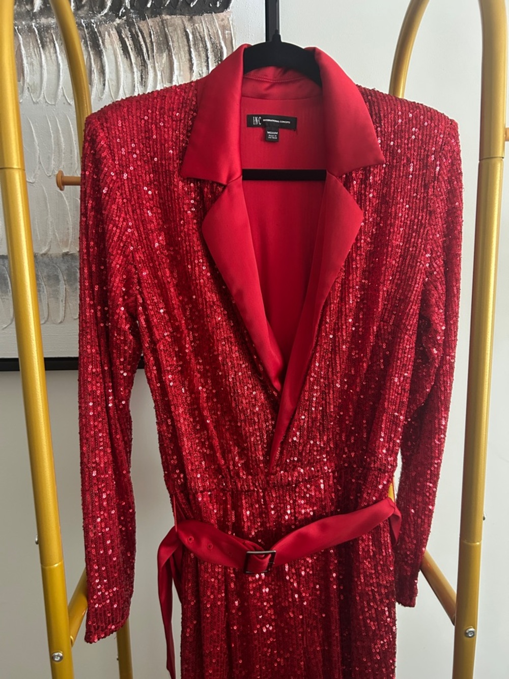 INC International Concepts Red Sequin Jumpsuit with Shawl Collar - Picture 4 of 5